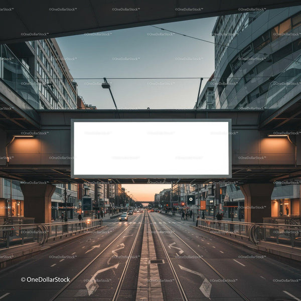 Empty Urban Street with Large Blank Billboard at Dusk JPG Mockup Image