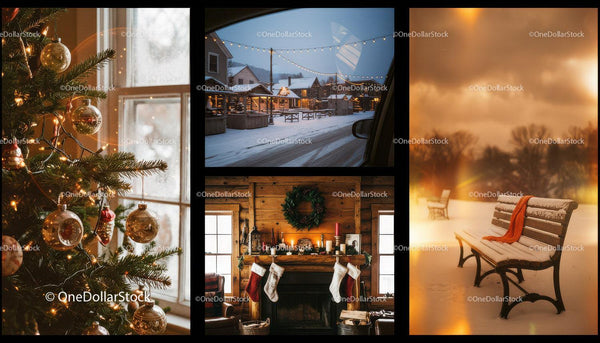 Cozy winter scenes with Christmas decorations and snowy village