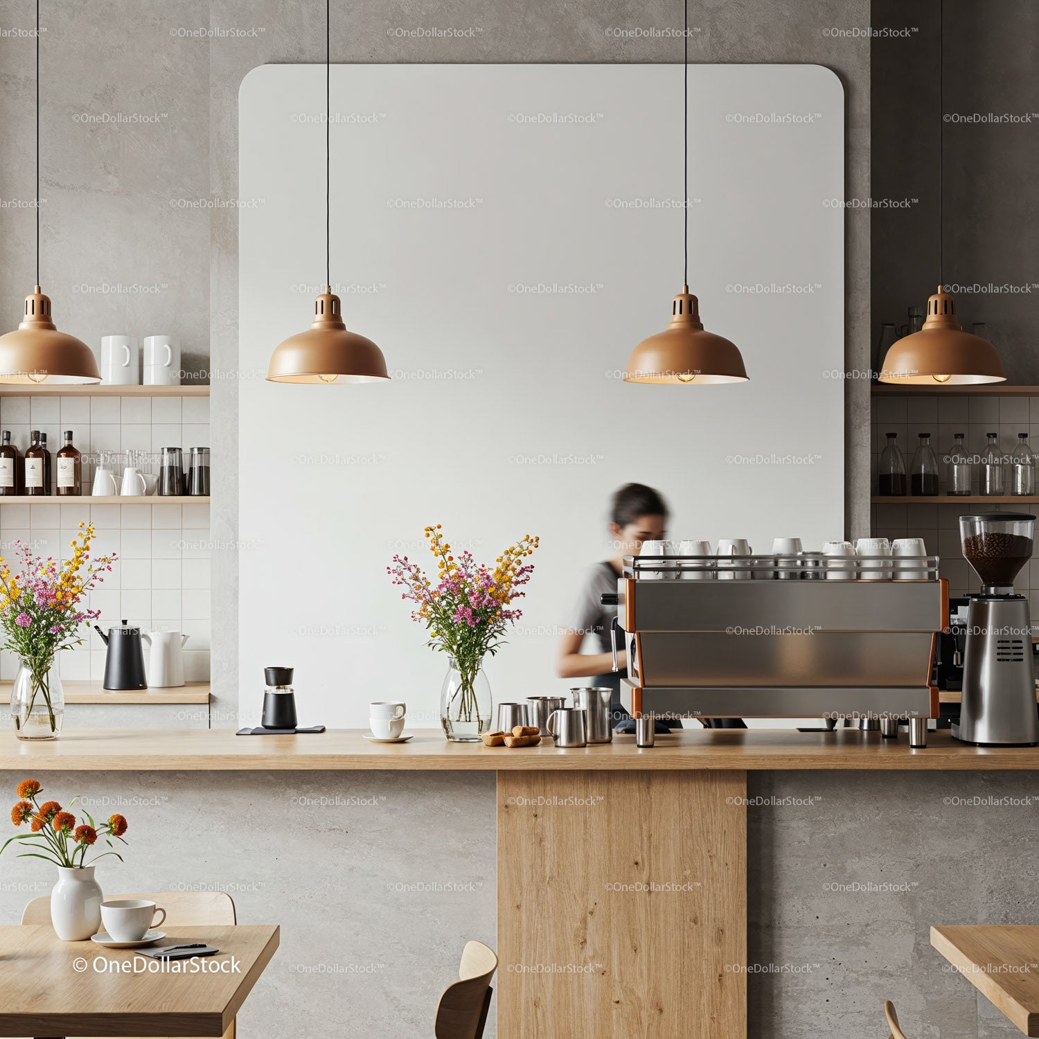 Barista preparing coffee behind modern cafe counter