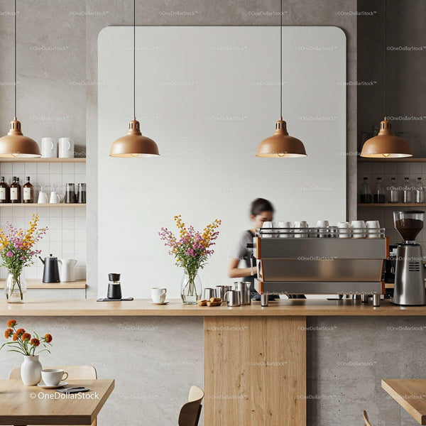 Barista preparing coffee behind modern cafe counter JPG Mockup Image