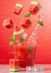 Refreshing Watermelon Juice with Mint and Ice Cubes Splash