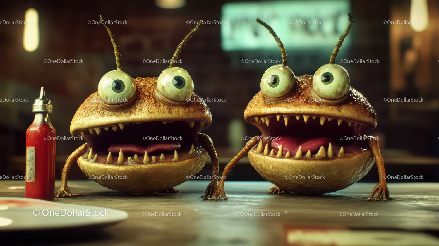 Fantazyjne postacie Monster Burger z zębami i oczami