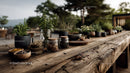 Herb Garden with Potted Plants and Natural Wooden Table