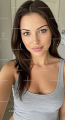 Young woman with brown hair and hoop earrings smiling