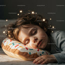 Sleeping child resting peacefully on colorful donut pillow