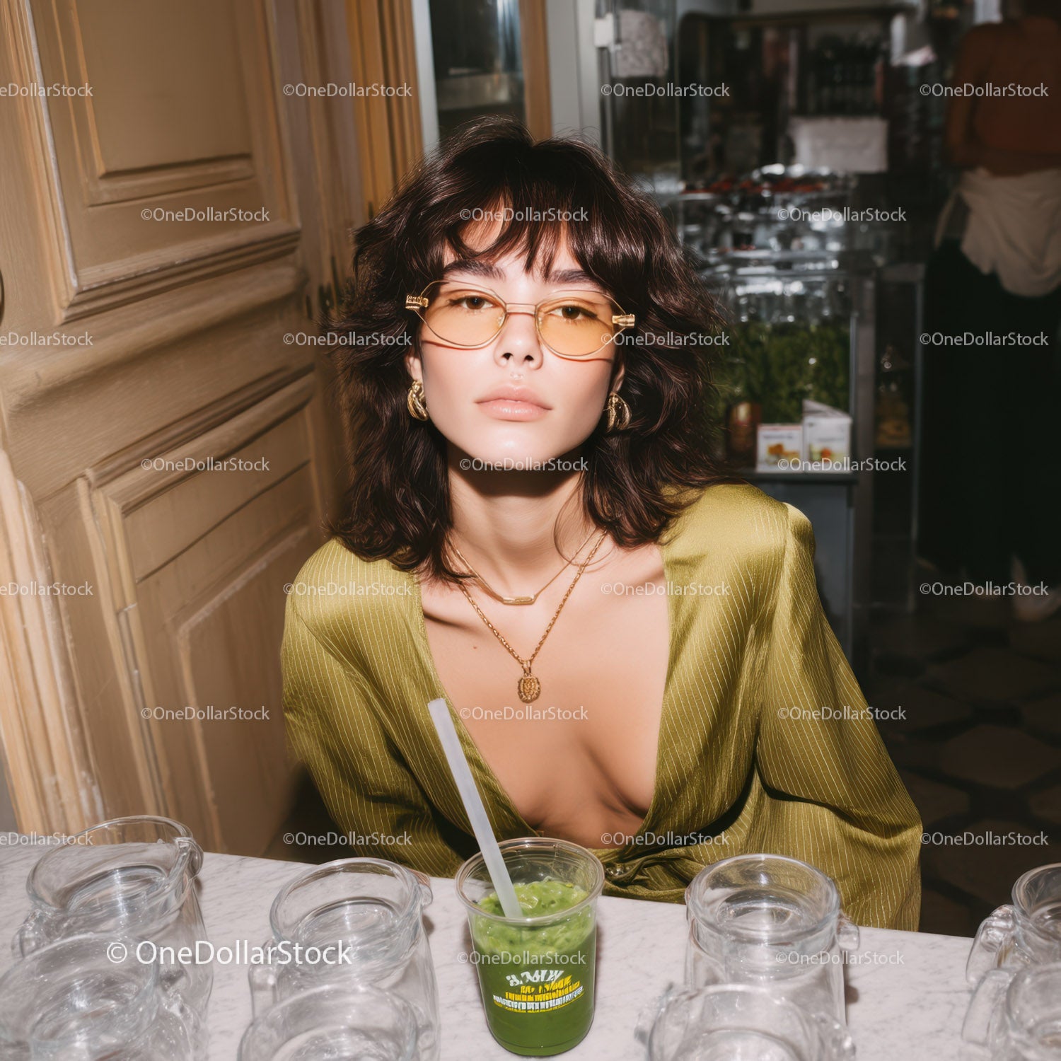 Chic Woman with Wavy Hair Wearing Gold Glasses in Stylish Modern Setting