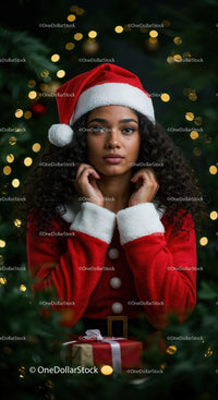 Young woman in Santa outfit amid festive lights