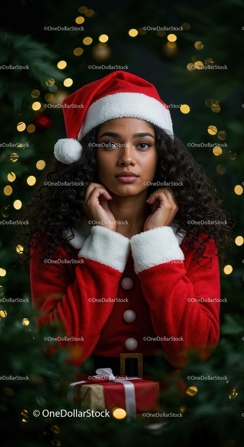 Young woman in Santa outfit amid festive lights