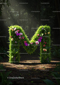 Green letter M covered with orchids in forest