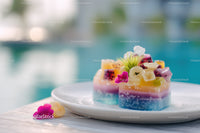 Colorful Fruit Jelly Dessert with Edible Flowers and Fruit Toppings
