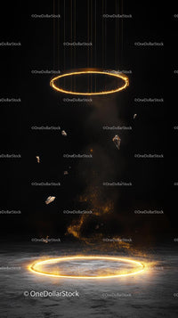 Futuristic Golden Neon Rings in Black Space with Light Particles