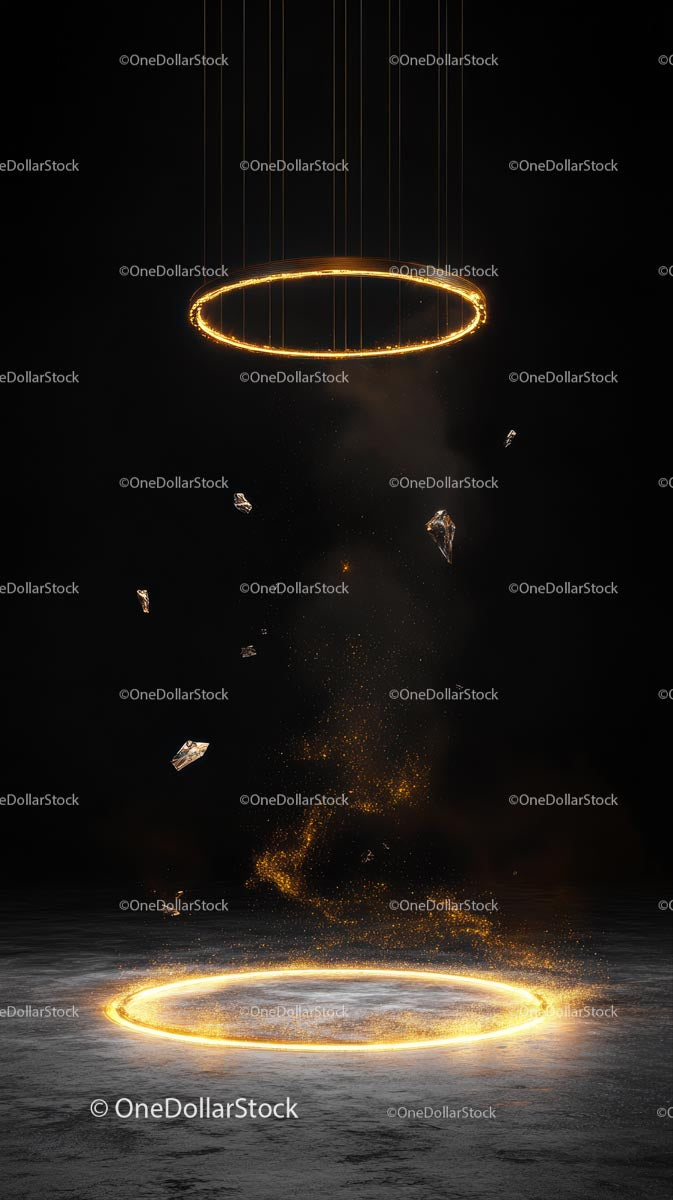 Futuristic Golden Neon Rings in Black Space with Light Particles