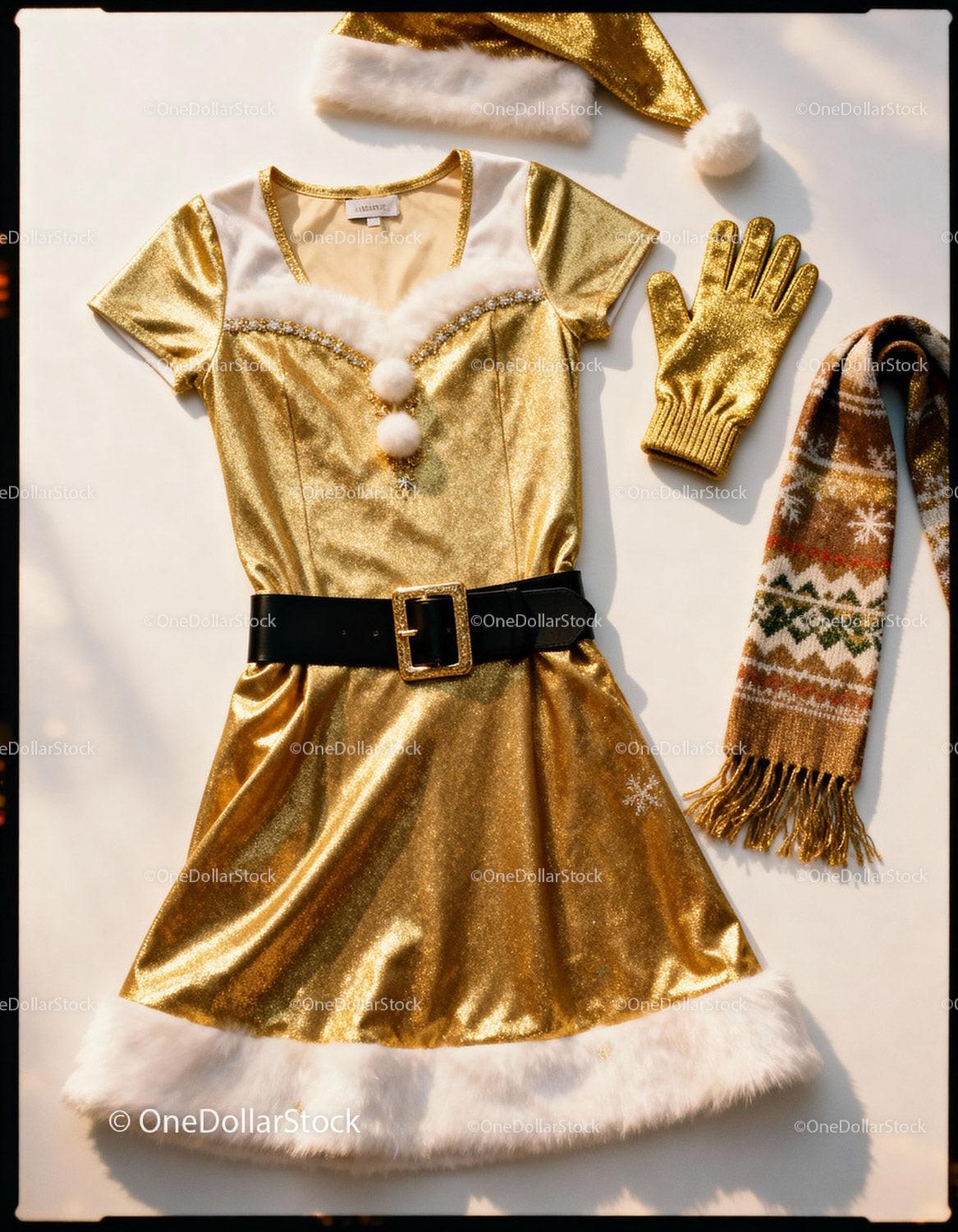 Festive gold holiday dress with seasonal accessories