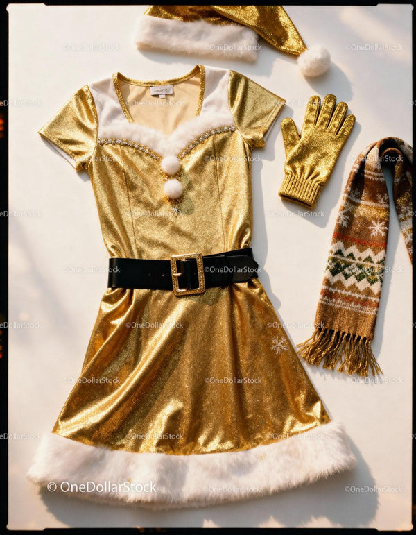 Festive gold holiday dress with seasonal accessories