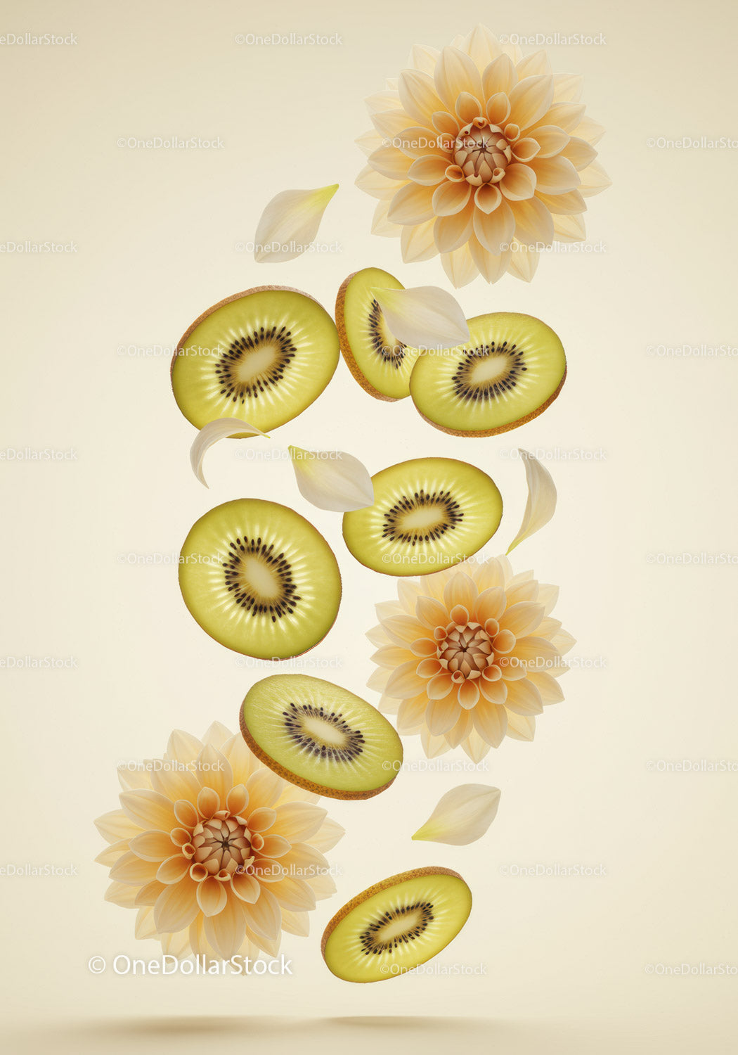 Świeżo pokrojony kiwi z delikatnymi pastelowymi kwiatami i płatkami