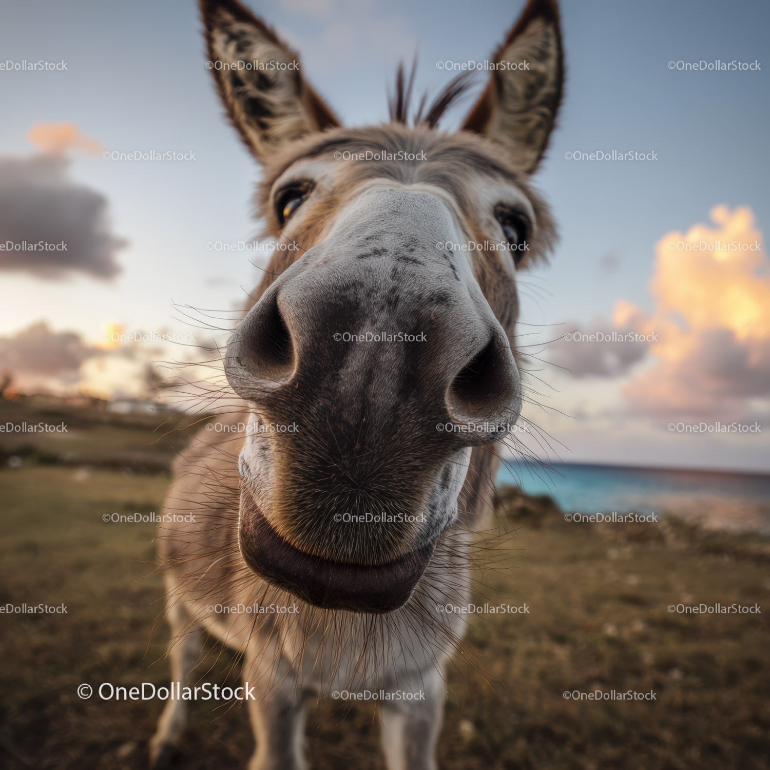 Close-up of a Curious Donkey in a Peaceful Countryside Scene