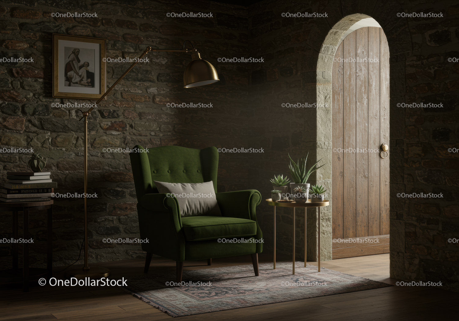 Cozy green armchair with plants by stone archway door