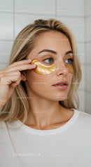 Young Woman Applying Gold Under-Eye Patches for Skin Rejuvenation