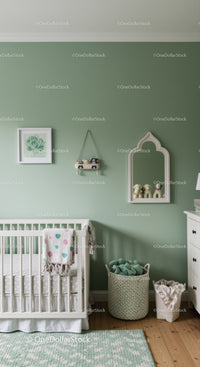 Serene Nursery with Pastel Green Wall, Baby Crib and Plush Toys