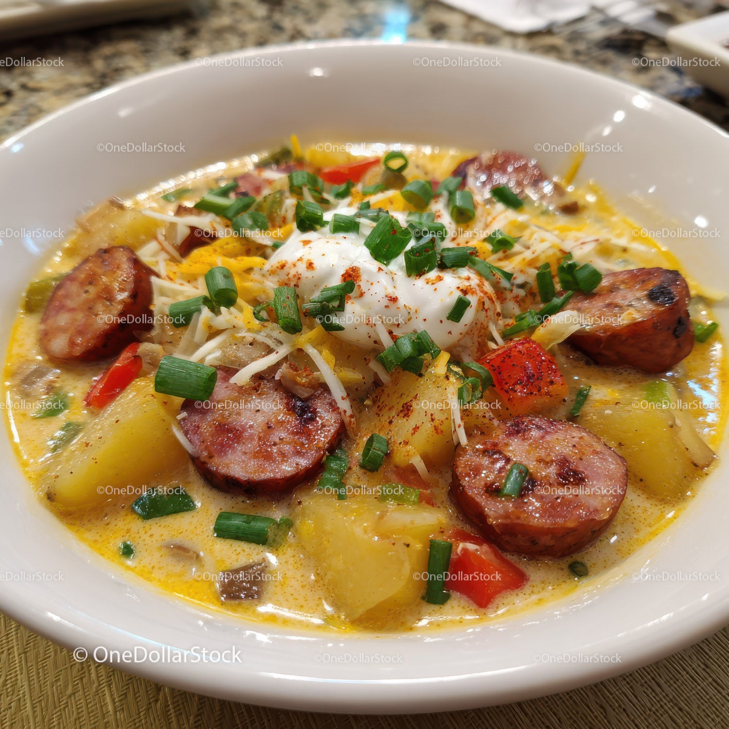 Hearty Sausage and Potato Stew with Vegetables and Egg