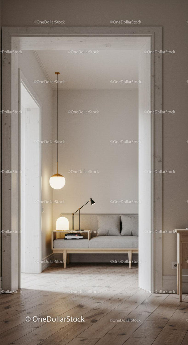 Nowoczesny minimalistyczny salon z drewnianą podłogą i eleganckim oświetleniem