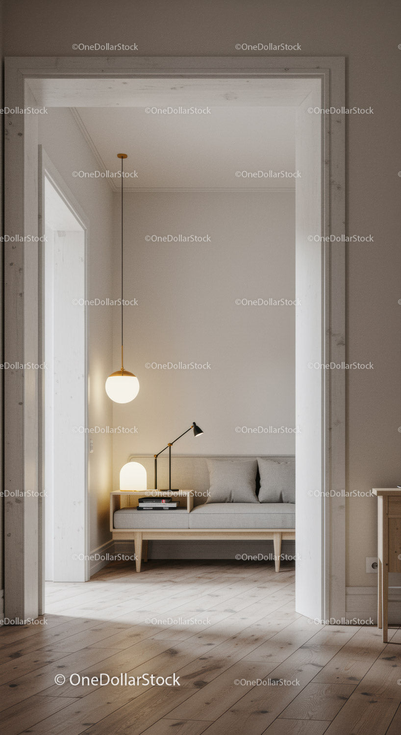 Nowoczesny, minimalistyczny salon z drewnianą podłogą i eleganckim oświetleniem