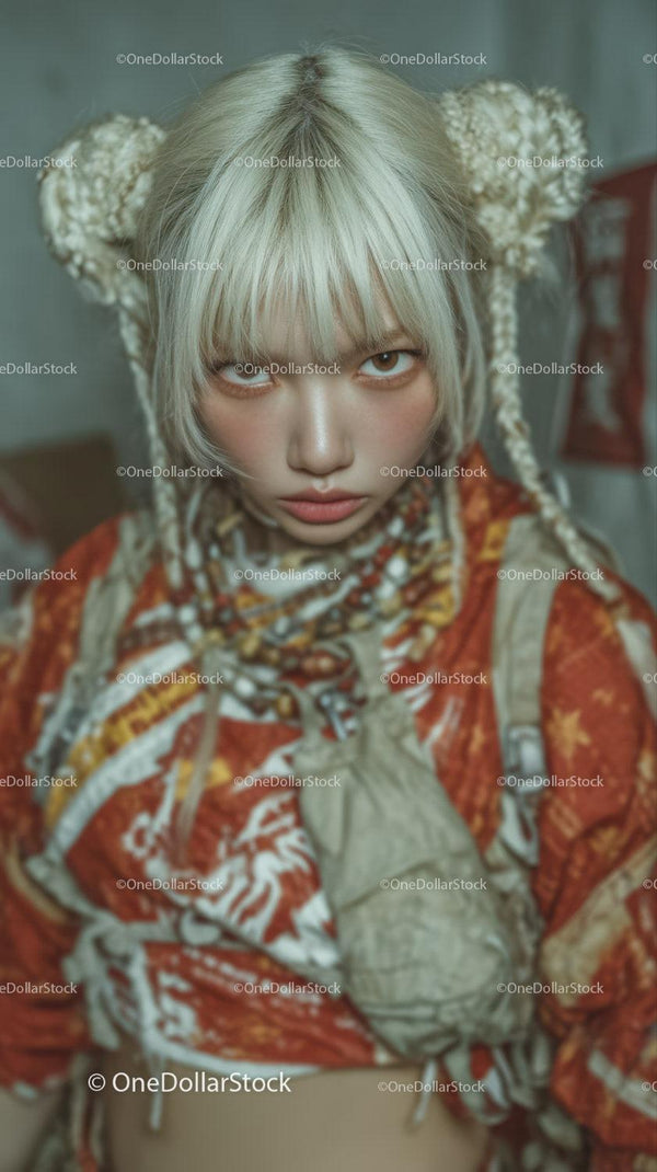 Young Woman with Braided Blonde Hair Wearing Edgy Street Style