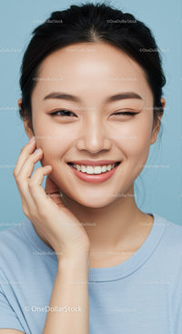 Smiling Young Woman with Playful Expression in Studio Portrait