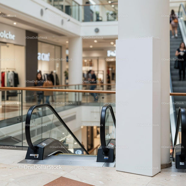Modern indoor escalator in busy shopping mall interior JPG Mockup Image