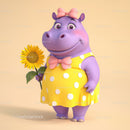 Cute Purple Hippo Wearing Yellow Polka Dot Dress Holding Sunflower