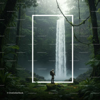Explorer admiring misty waterfall in lush jungle