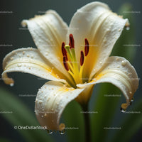 Close-Up of White Lily Bloom with Water Droplets and Red Stamens