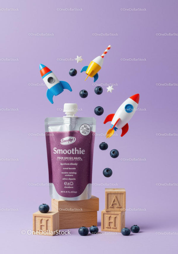 Smoothie z jagód z zabawkami rakietkami i drewnianymi klockami