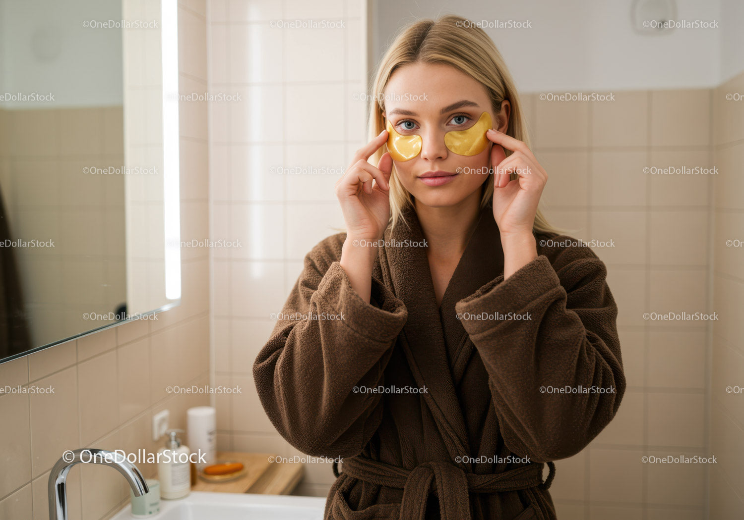 Young Woman Applying Gold Facial Masks in a Modern Bathroom
