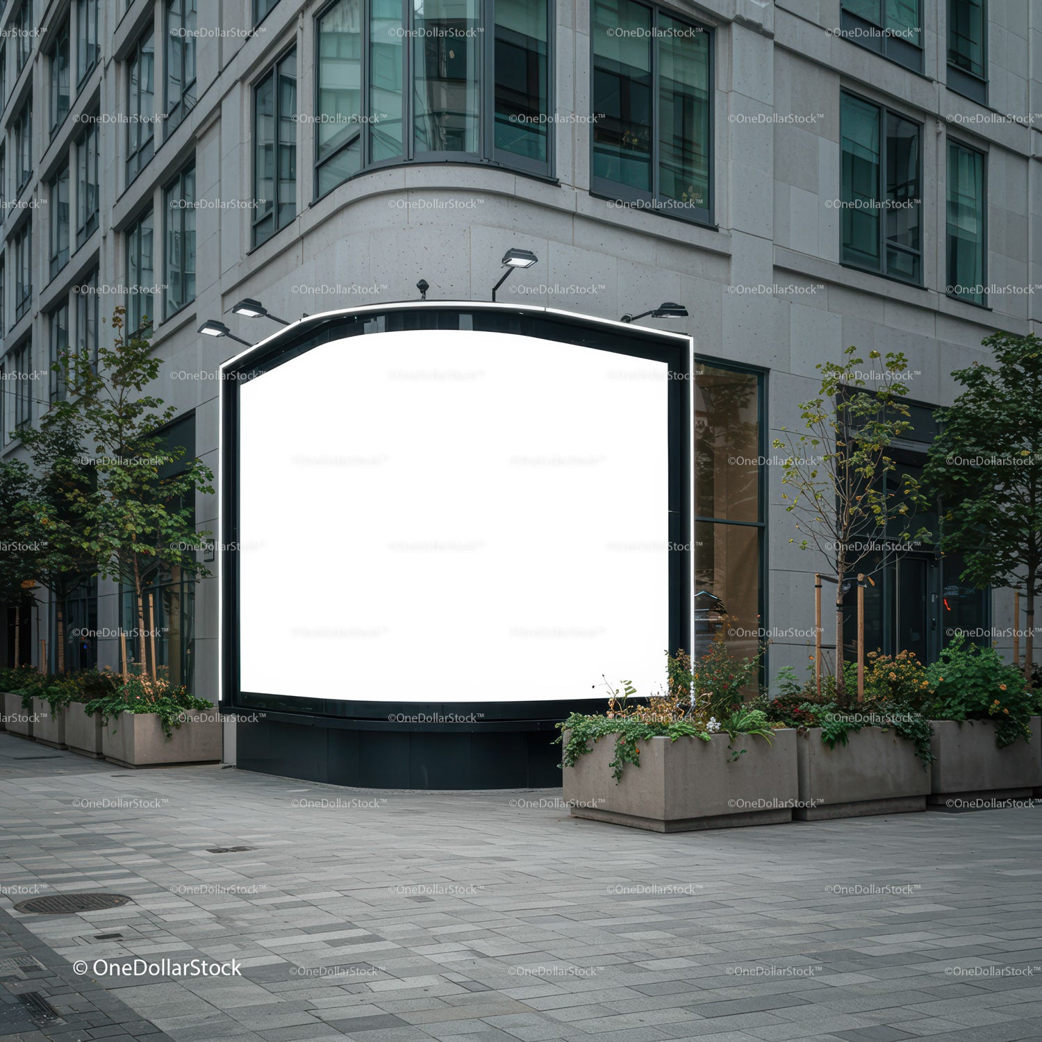 Blank street billboard next to modern office building