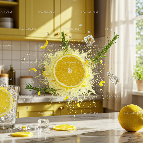 Fresh Lemon Slice Splash With Ice Cubes and Herbs