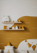 Modern Children's Bedroom Decor with Plush Toys and Geometric Accents