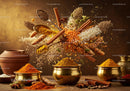 Traditional Indian spices in brass bowls with floating herbs