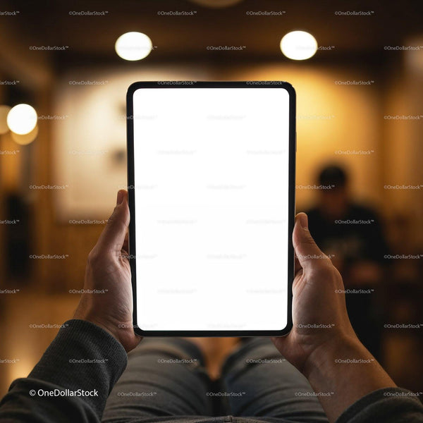 Person Holding Digital Tablet with Blank Screen Indoors JPG Mockup Image