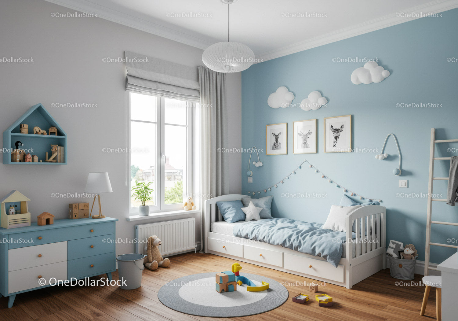 Bright Kids Nursery with Blue Wall and Cloud Wall Decor
