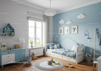 Bright Kids Nursery with Blue Wall and Cloud Wall Decor