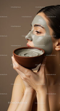 Woman with Clay Facial Mask Holding Bowl for Skincare Routine