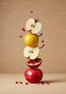 Balanced stack of apples and pomegranate with seeds