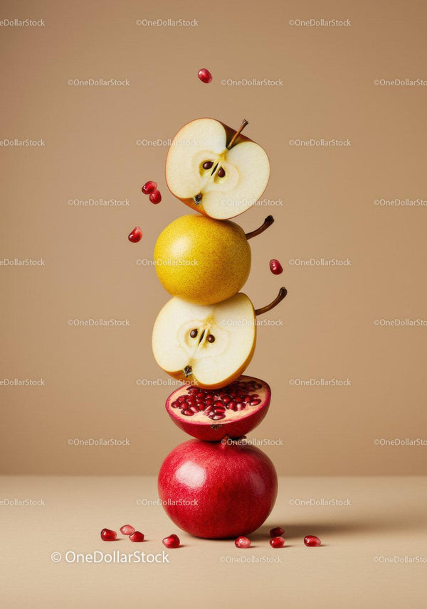 Balanced stack of apples and pomegranate with seeds