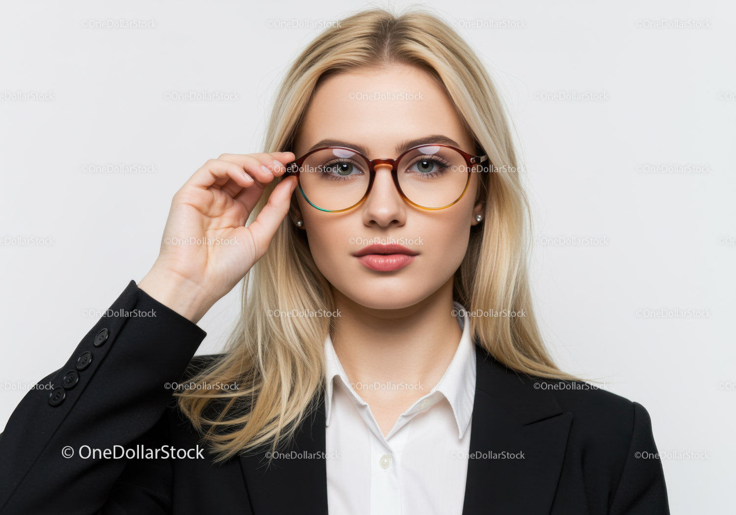 Elegant Blonde Woman Wearing Stylish Glasses in Professional Setting