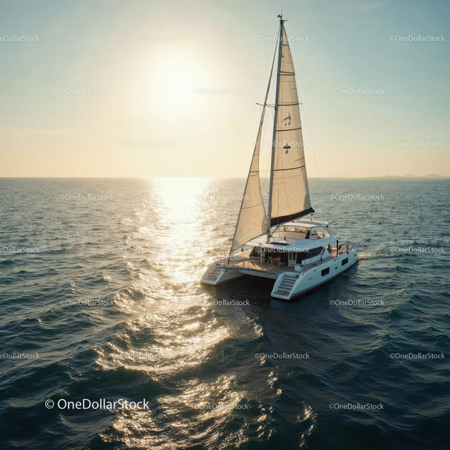 Luxury Sailing Yacht Cruising in Calm Open Sea at Sunset