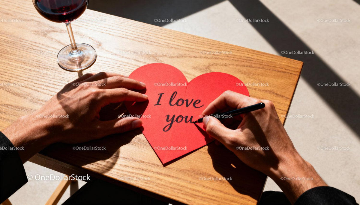 Man writing romantic message on red heart card