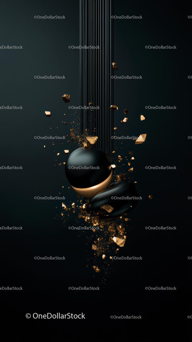 Abstract Black Spheres with Gold Fragments in Modern Minimalist Style