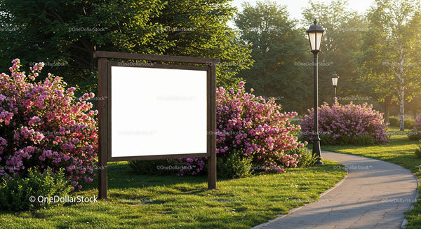 Empty wooden billboard in blooming garden park JPG Mockup Image