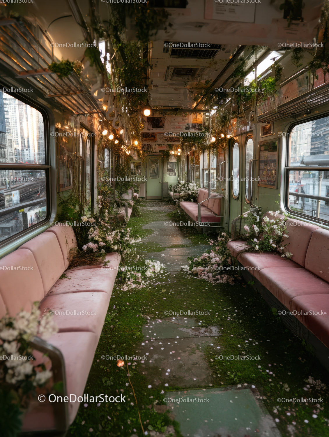 Vintage Tram Interior with Pink Benches and Lush Greenery